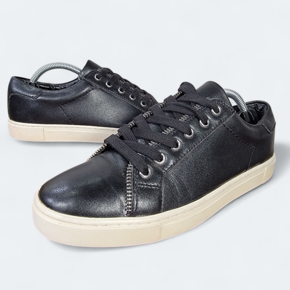Frye Sindy Moto Black Leather Sneakers Size 7.5 Lace Up Zipper Accent
